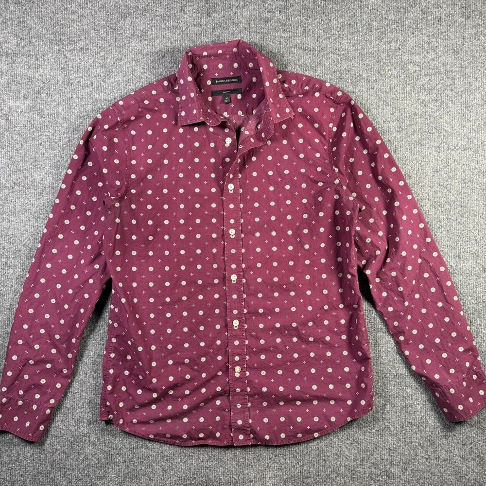 Banana Republic Button Down Shirt Mens M Burgundy Geometric Print Slim Fit